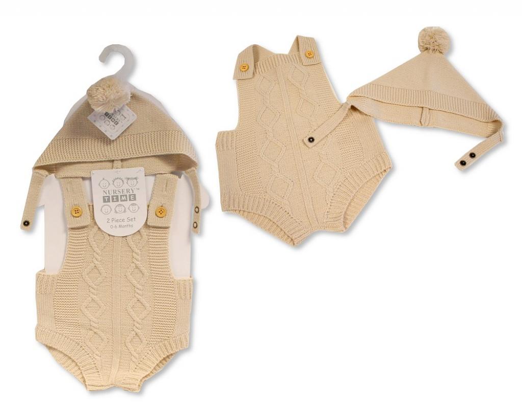 Just For Me 10-1226S  JF10-1226T Taupe  Knitted Dungaree and hat(0-6m)