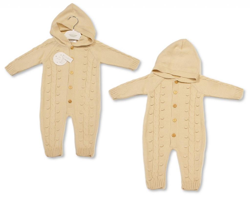 Just For Me 10-1231 5035320112312 JF10-1231 Taupe Hooded Cable Knit Romper (Nb-9 months)