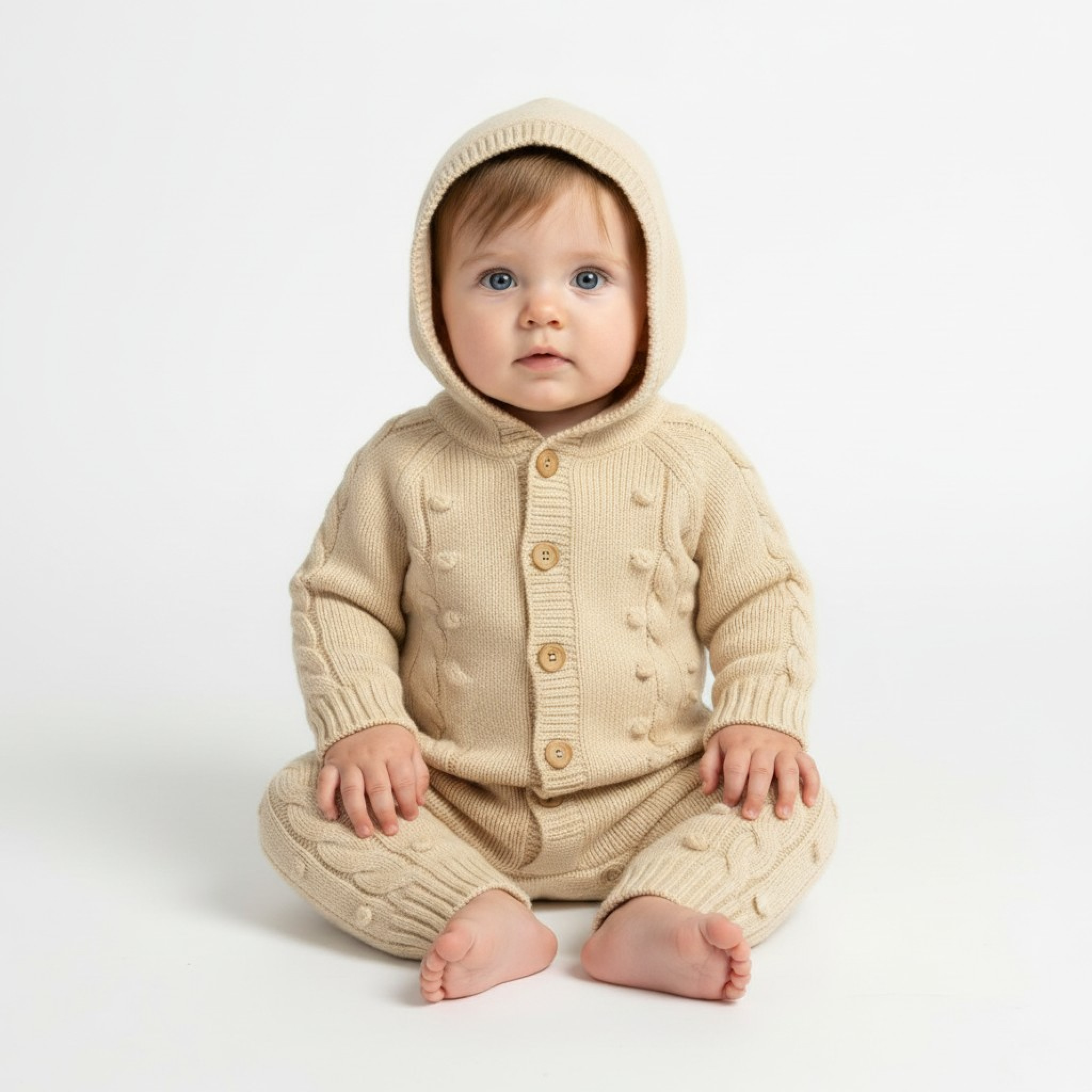 Just For Me 10-1231 5035320112312 JF10-1231 Taupe Hooded Cable Knit Romper (Nb-9 months)