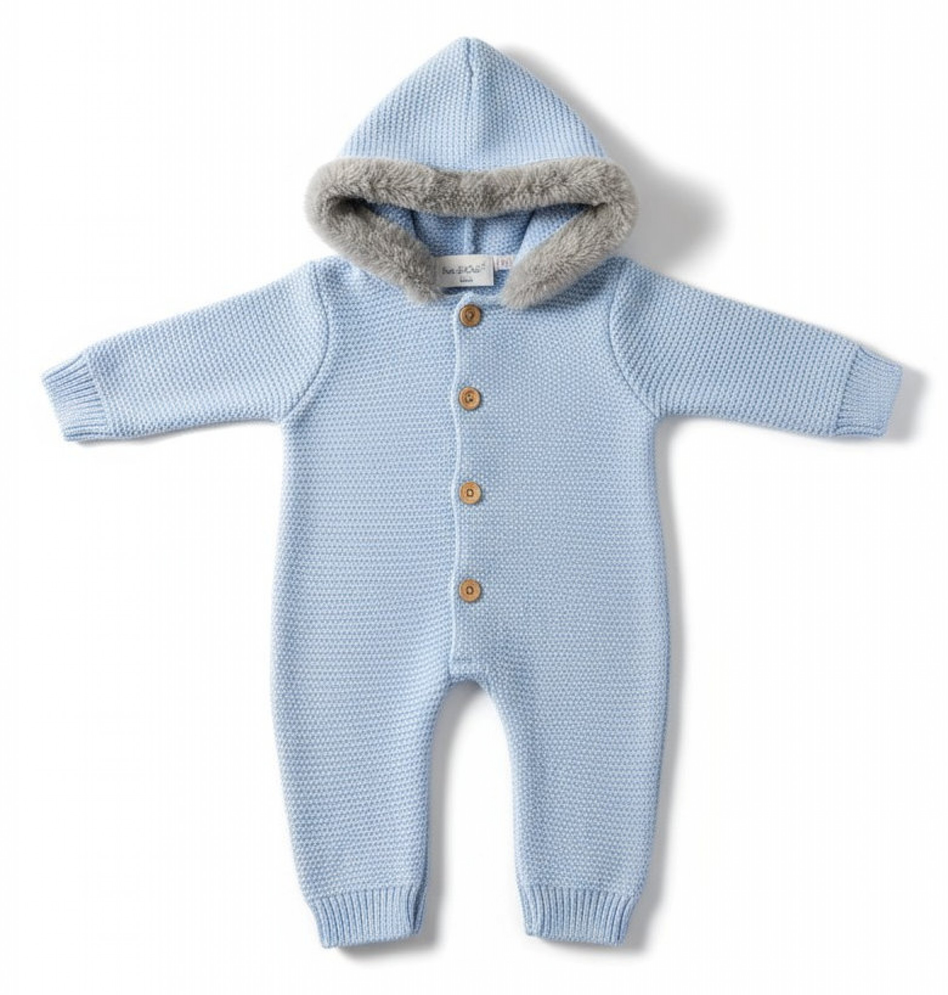 Just For Me 10-1236S 5035320112362 JF10-1236-S Sky Faux Fur Trim Hooded Knit Romper (Nb-9m)