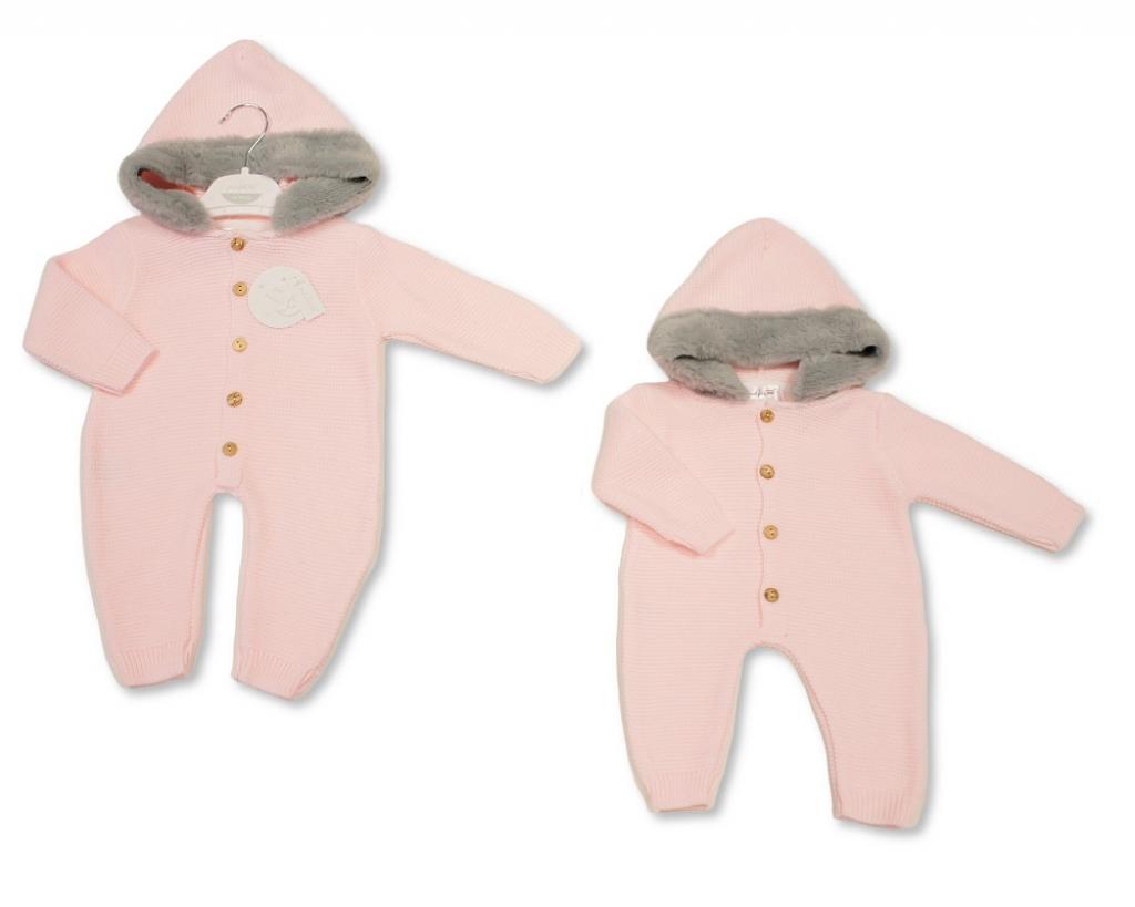 Just For Me 10-1236P 5035320112368 JF10-1236P Pink Faux Fur Trim Hooded Knit Romper (Nb-9m)