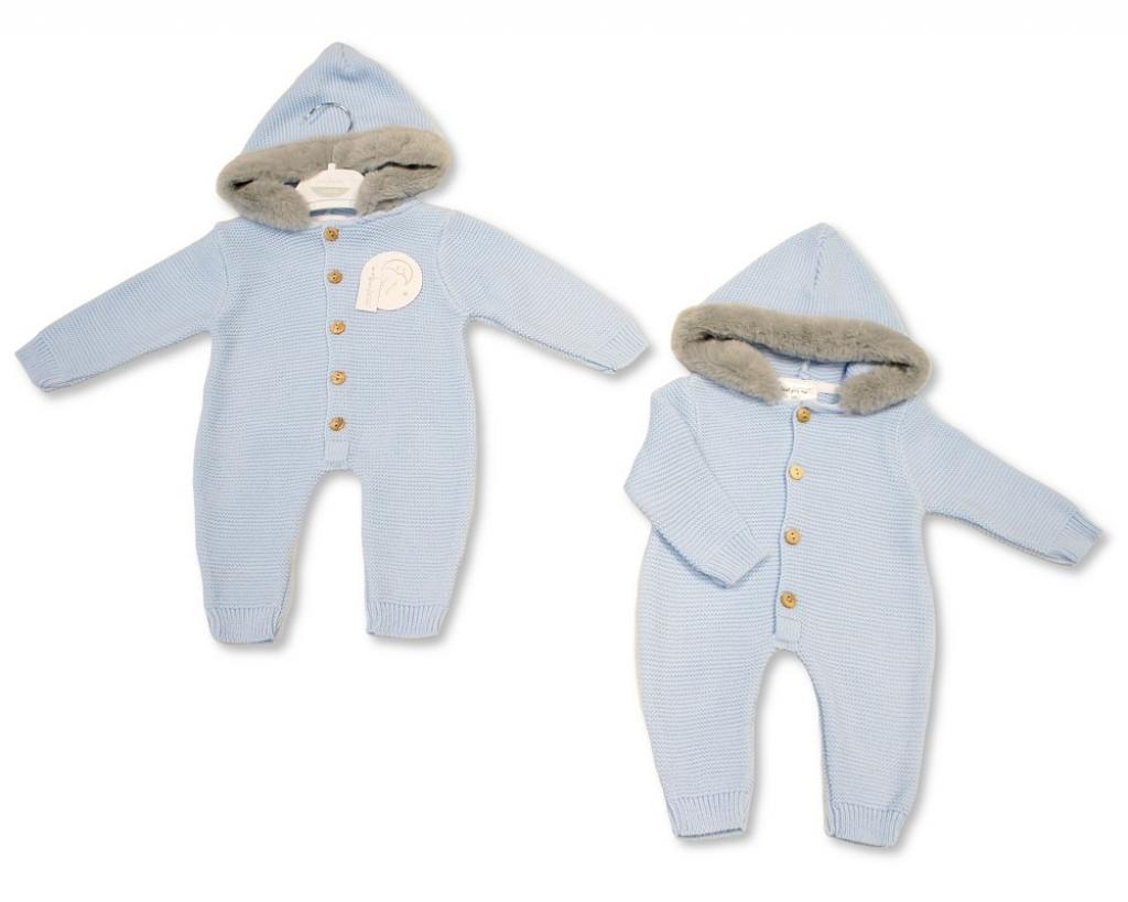 Just For Me 10-1236S 5035320112362 JF10-1236S Sky Faux Fur Trim Hooded Knit Romper (Nb-9m)