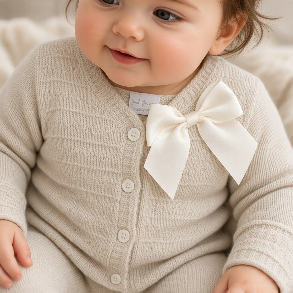 Just For Me BW-10-3001T * JF10-3001T Taupe Bow Cotton Cardigan (0-9 months)