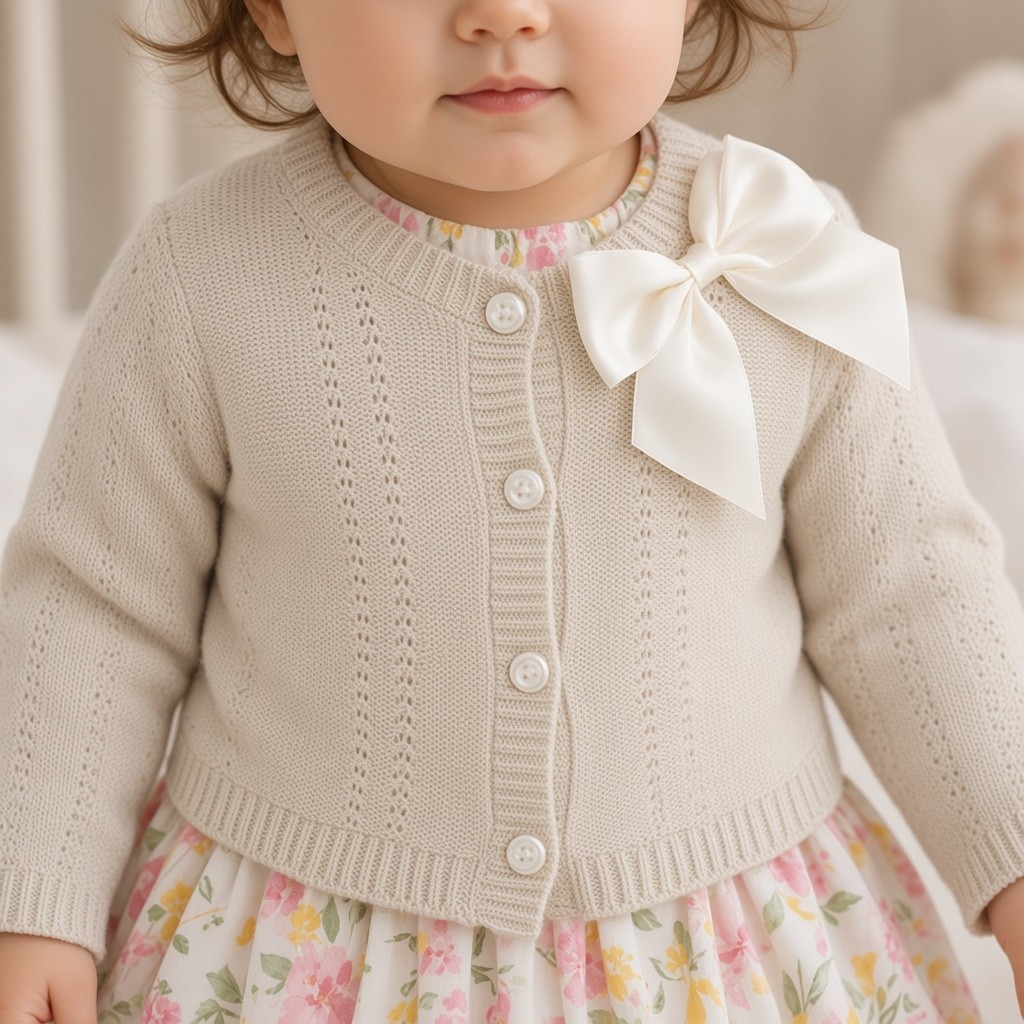 Just For Me BW-10-3002W * JF10-3002T Taupe Bow Cotton Cardigan (0-9 months)