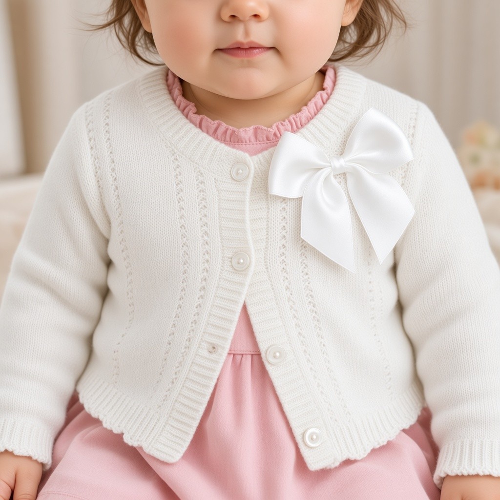 Just For Me BW-10-3002W * JF10-3002W White Bow Cotton Cardigan (0-9 months)
