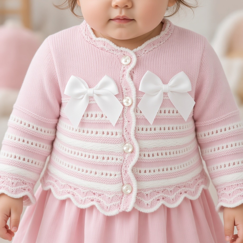 Just For Me BW-10-3002P * JF10-3003P Pink Double Bow Cotton Cardigan (0-9 months)