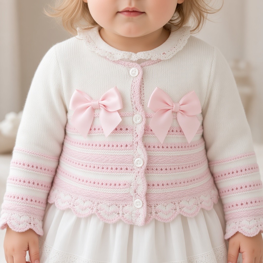 Just For Me BW-10-3002P * JF10-3003W White Double Bow Cotton Cardigan (0-9 months)