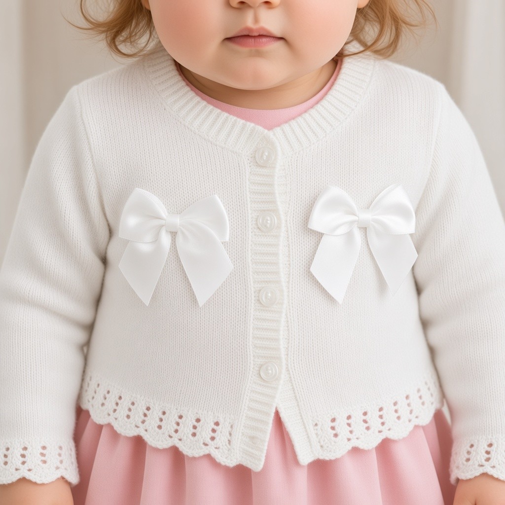 Just For Me BW-10-3004W * JF10-3004W White Double Bow Cotton Cardigan (0-9 months)