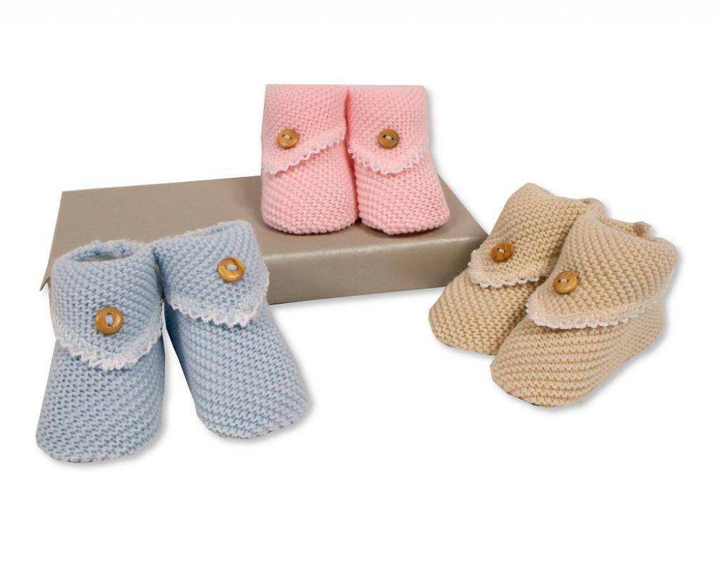 Nursery Time BSS-116-382 Pink = 5035320663821, Sky = 5035320463827, Taupe = 5035320163826 NT116-382 Knitted "Button and Lace" Booties (Choose Colour)