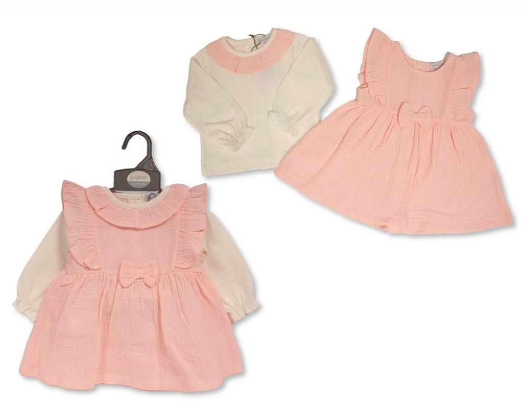 Just For Me   JF2020-2596 Muslin Bow Pinafore  set( 0-12 months)