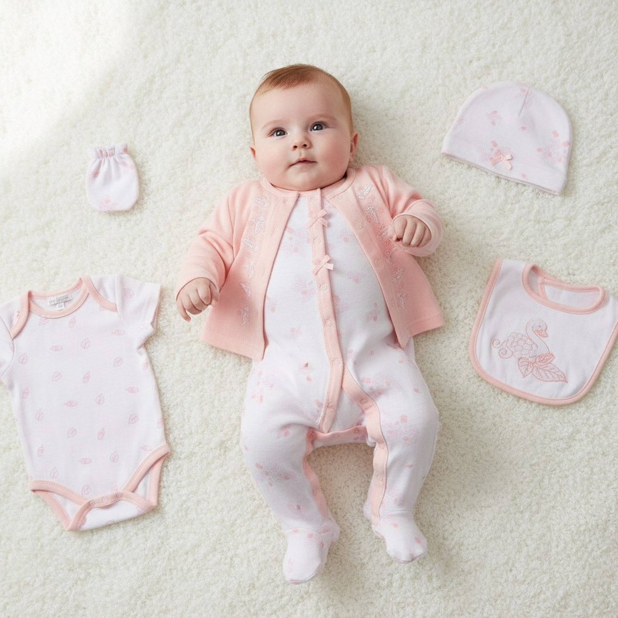 Just For Me GP-25-1387 503532025387 9 JF25-1387-P Swan 6 Piece Layette Set  (0-6m)