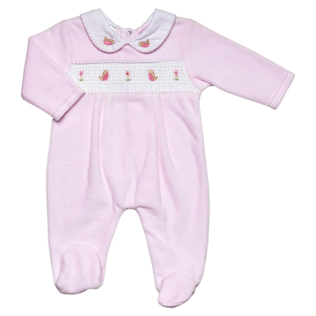 Just Too Cute 40JTC8651 * JT8652p Smocked "Birds" Velour All In One (0-6 months)