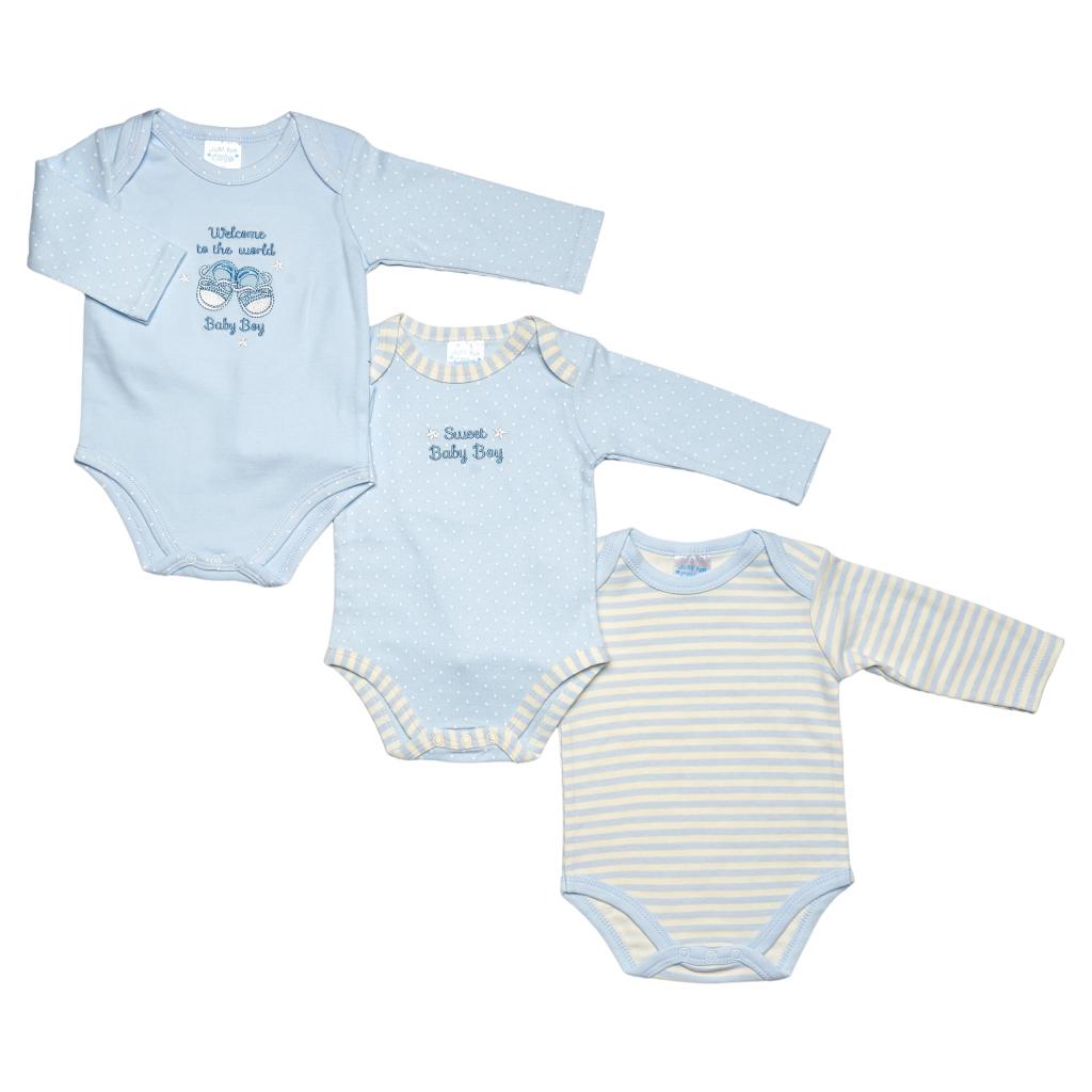Just Too Cute  * JT9117LB Blue "Welcome" Triple Pack Bodysuit (NB-6 Months)