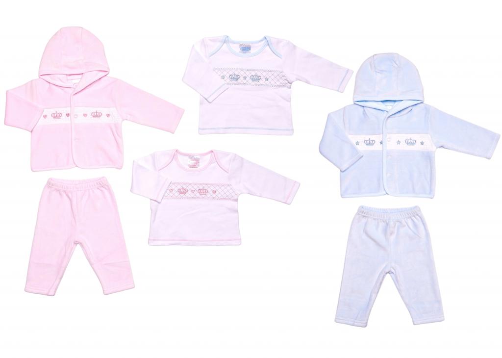 Just Too Cute   JT9768s Smocked "Crown" Velour 3 Piece Set (0-6 months)