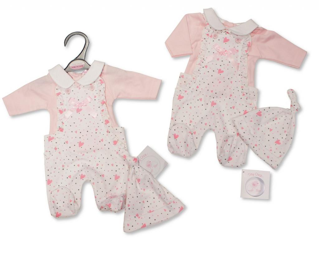 Tiny Chick PB20-366 5035320353661/2 LBWTC20-366 "Hearts" Dungaree Set and Hat (3-8lbs)