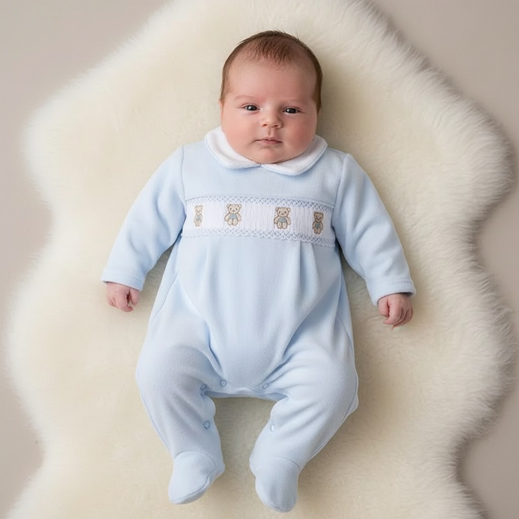 Little Dreams LD001BABYBLUE * LD001 Teddy Bear Velour Smocked All In One  (0-9m)