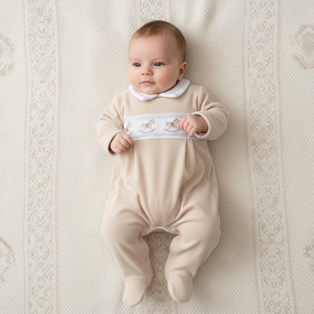 Little Dreams LD002BEIGE * LD002Be Unisex Velour Smocked Rocking Horse All In One (0-9m)