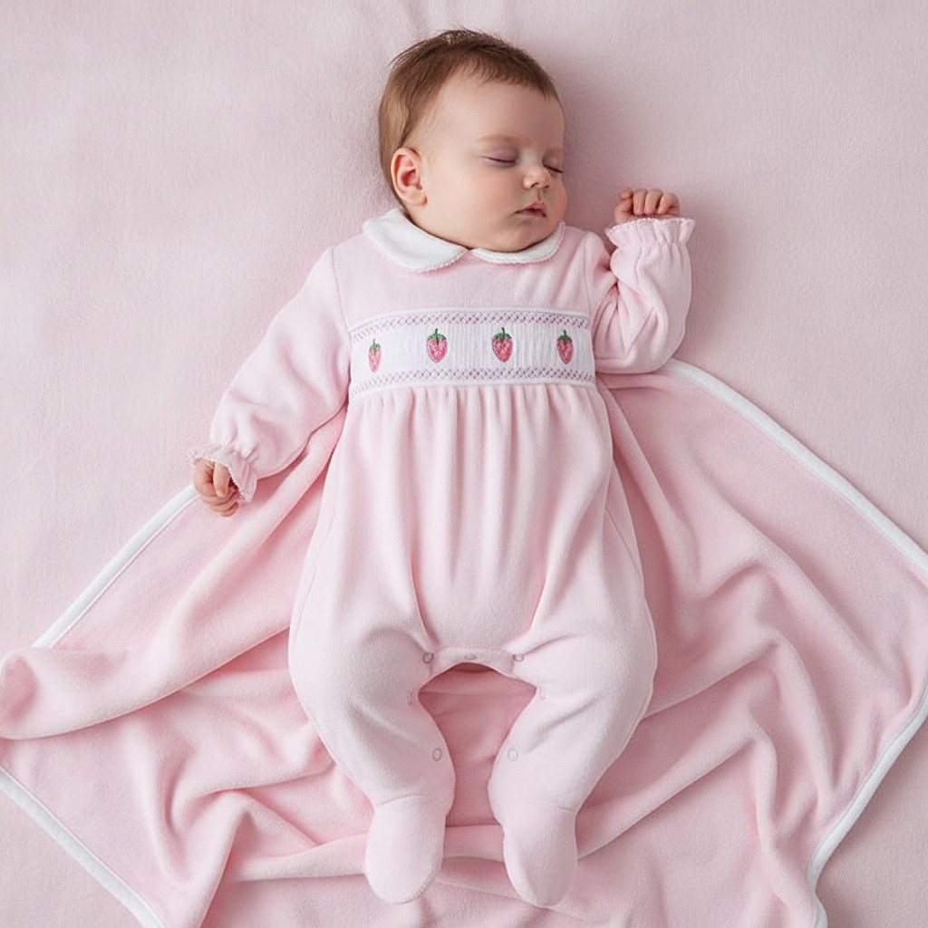 Little Dreams LD003BABYPINK * LD003P Velour Smocked Strawberry all in one  (0-9m)