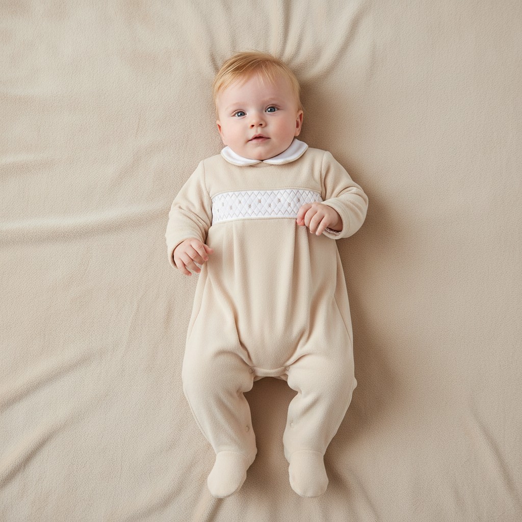 Little Dreams LD004BEIGE * LD004Be Velour Polka Dot Smocked All in One  (0-9m)