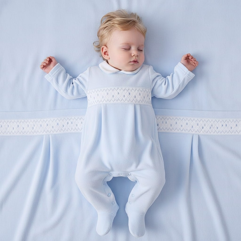Little Dreams LD004BABYBLUE * LD004S Velour Polka Dot Smocked All in One  (0-9m)