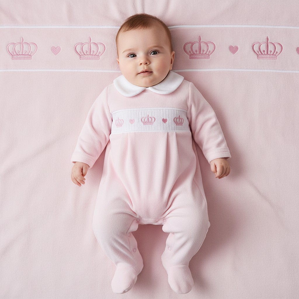 Little Dreams LD006BABYPINK * LD006P Velour crown smocked all in one  (0-9m)
