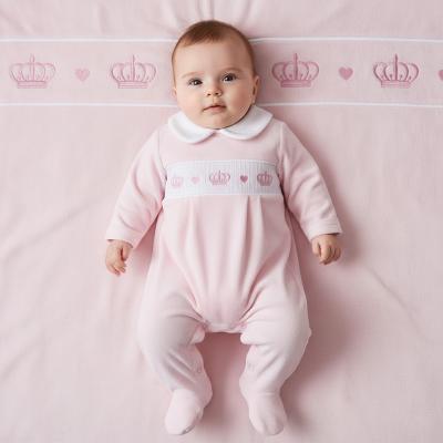 LD006P  Velour crown smocked all in one   (0-9m)