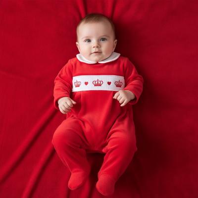LD006R  Velour crown smocked all in one   (0-9m)