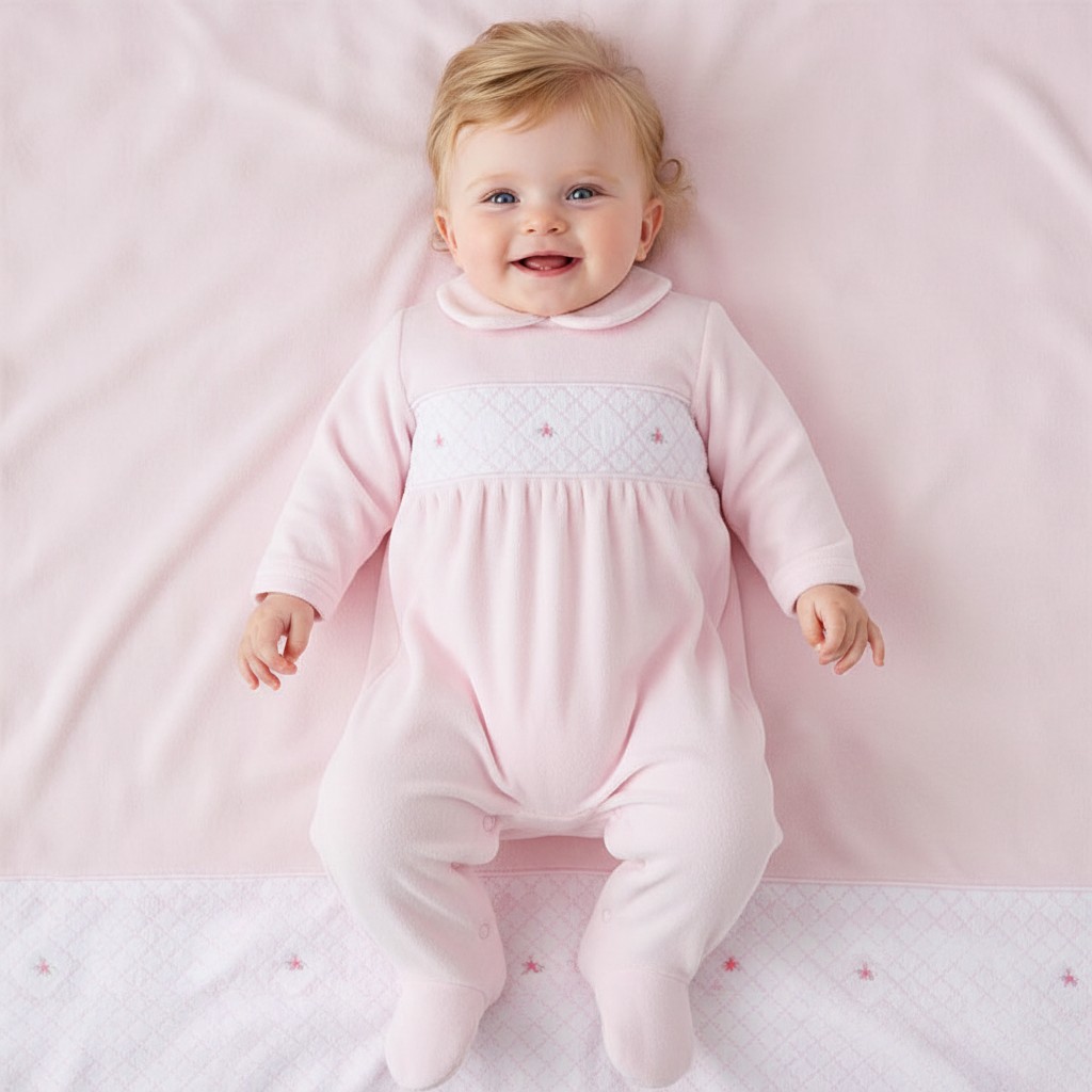 Little Dreams LD009PINK * LD009P Velour Floral Smocked  all in one  (0-9m)
