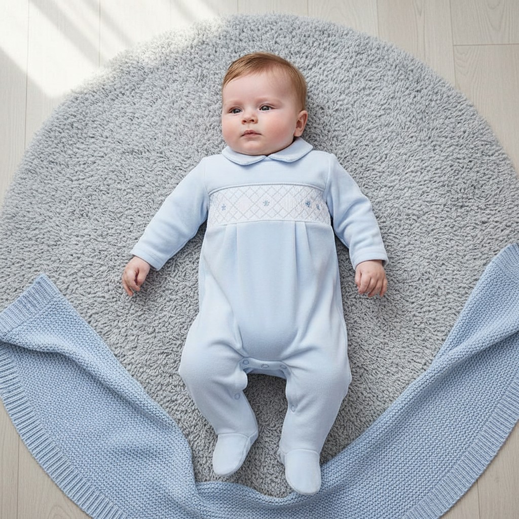 Little Dreams LD009BABYBLUE * LD009S Velour Star Smocked  all in one  (0-9m)
