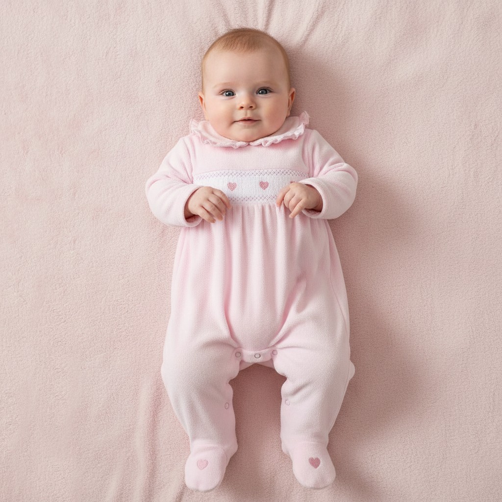 Little Dreams LD011BABYPINK * LD011P Pink Heart Velour Frill Collar All in One  (0-9m)
