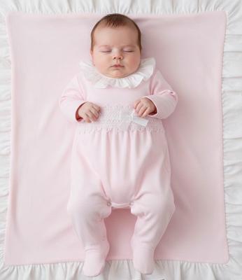 LD013P  Cotton Ruffle Sleepsuit with Lace and Bow Detail   (0-9m)