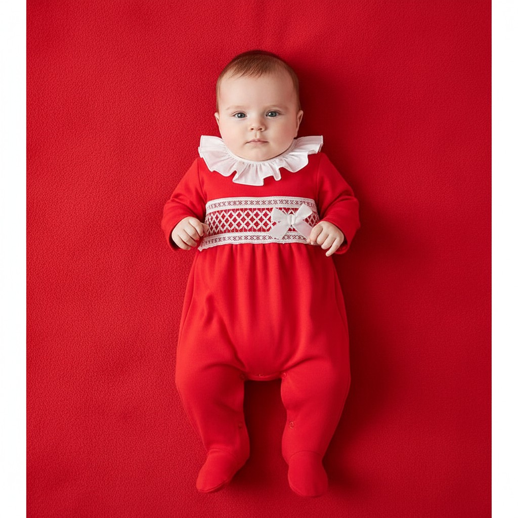 Little Dreams LD013RED * LD013R Cotton Ruffle Sleepsuit with Lace and Bow Detail  (0-9m)
