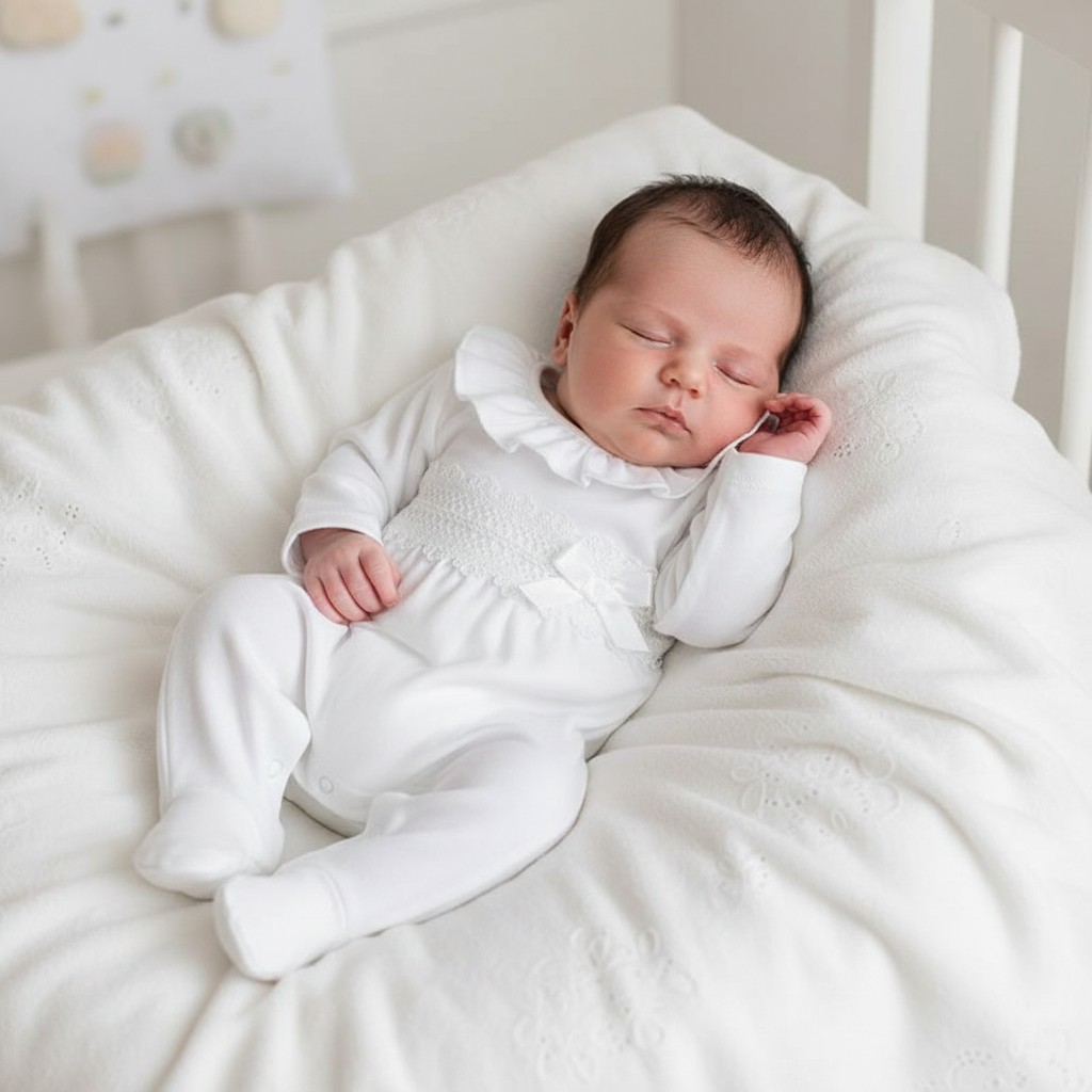 Little Dreams LD013WHITE * LD013W Cotton Ruffle Sleepsuit with Lace and Bow Detail  (0-9m)