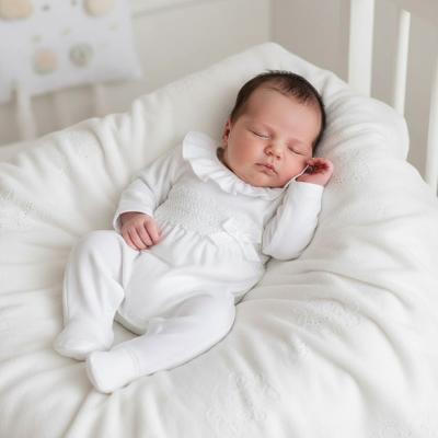 LD013W  Cotton Ruffle Sleepsuit with Lace and Bow Detail   (0-9m)