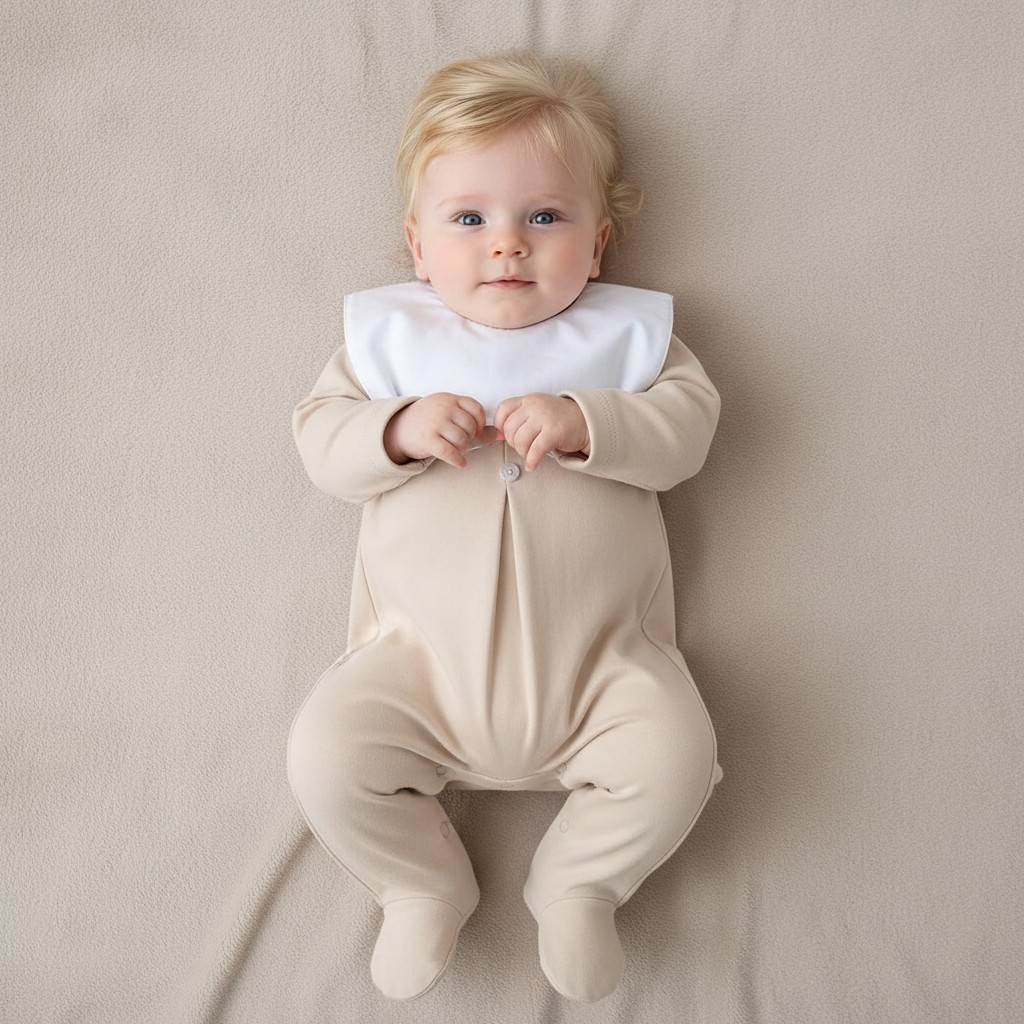 Little Dreams LD016BEIGE * LD016Be Cotton  Square Collar Mock Bib all in one  (0-9m)