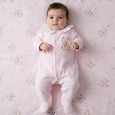 LD017-P  Velour Teddy Bear Embroidered Ruffle All in One   (0-9m)