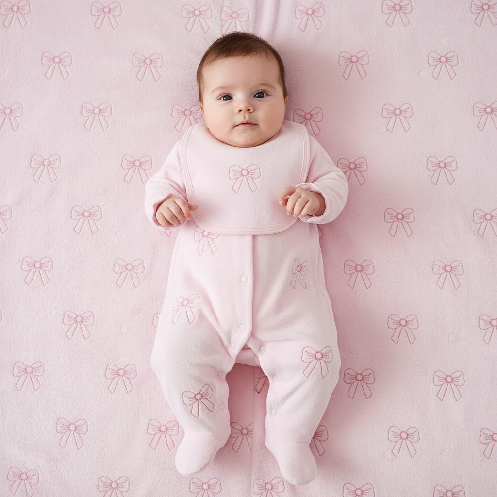 Little Dreams LD007PINK * LD007P Velour Bow Embroidered Bib & All in One  (0-9m)