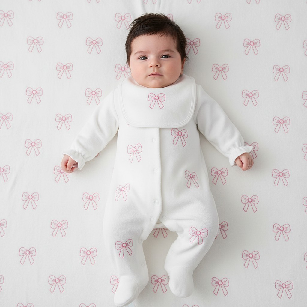 Little Dreams LD007WHITEPINK * LD007WP Velour Bow Embroidered Bib & All in One  (0-9m)