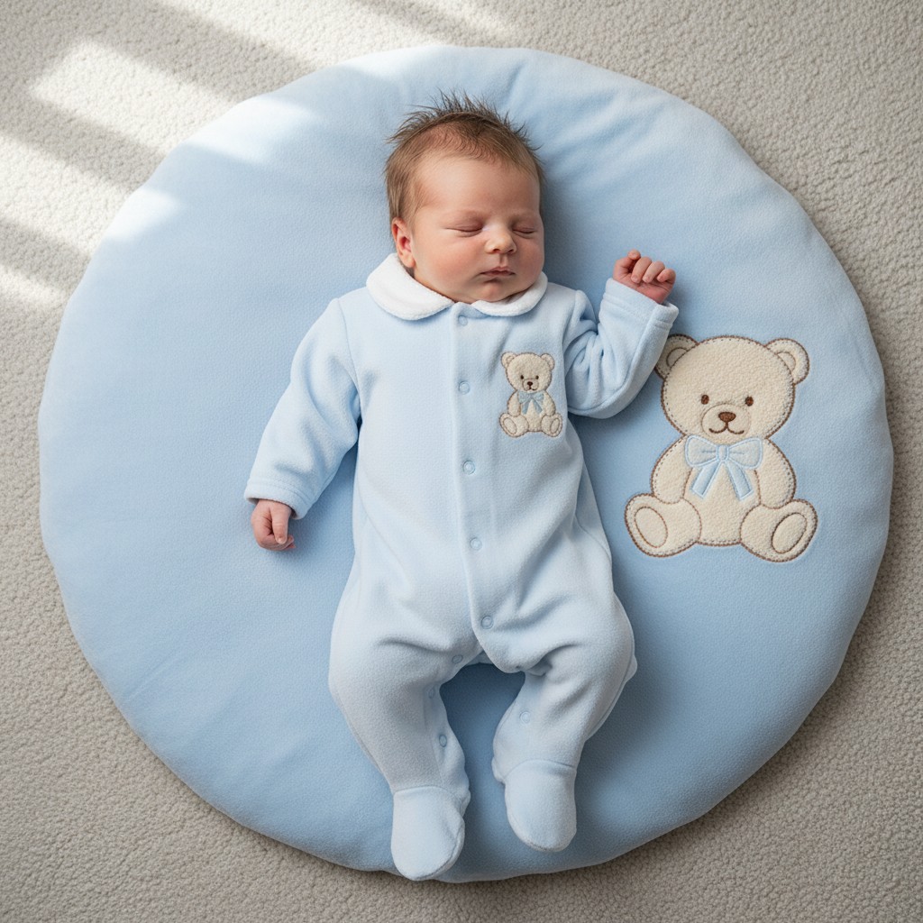 Little Dreams LD018BABYBLUE * LD018B Velour Teddy Bear Embroidered Sleepsuit (0-9m)