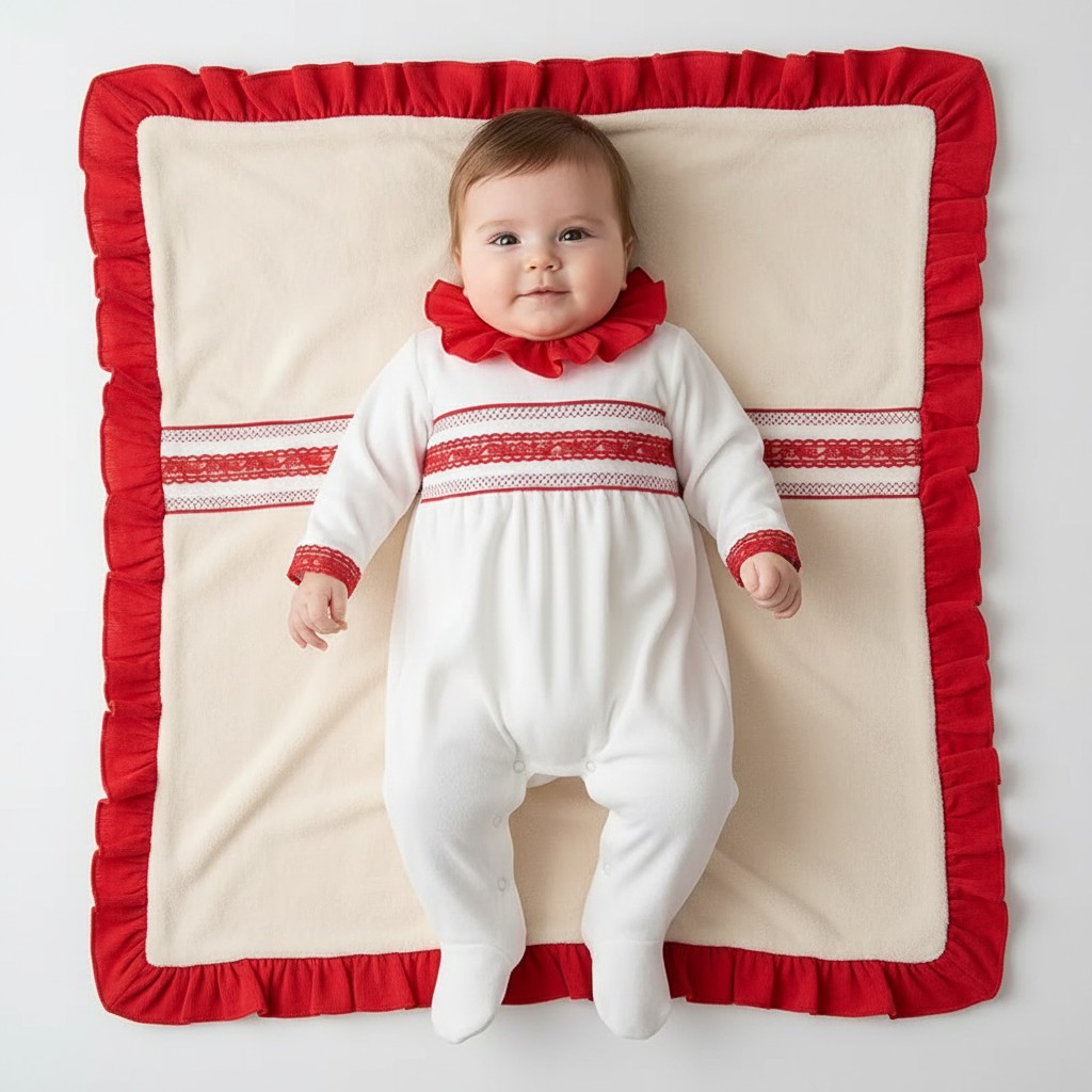 Little Dreams LD008REDWHITE * LD008WR Velour Smocked Frill Collar All in One  (0-9m)