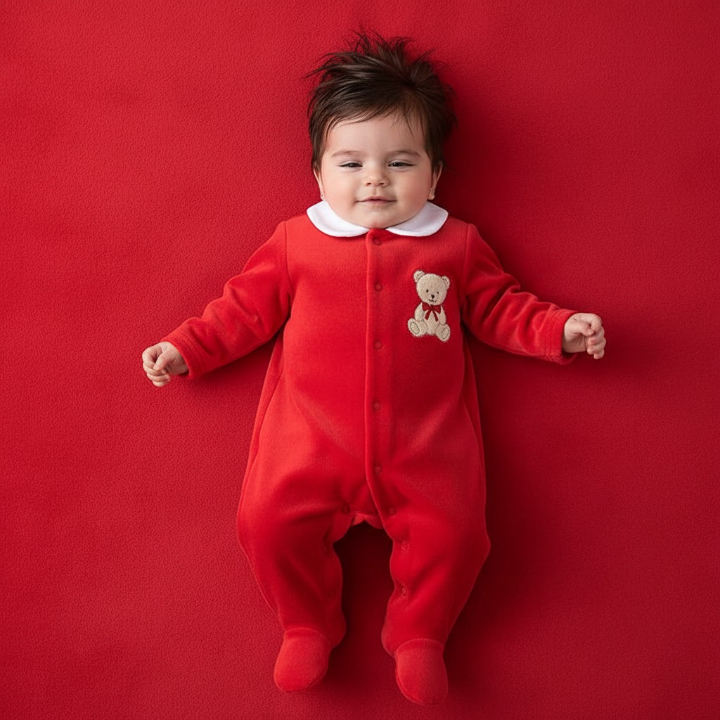 Little Dreams LD019RED * LD019R Velour Velour Teddy Bear Embroidered  All in One  (0-9m)