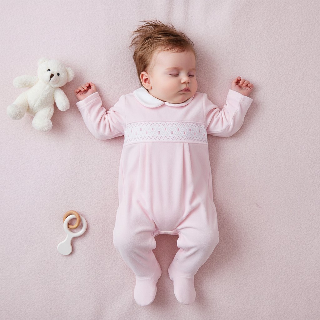 Little Dreams LD004BABYPINK * LD004P Pink Velour Polka Dot Smocked All in One  (0-9m)