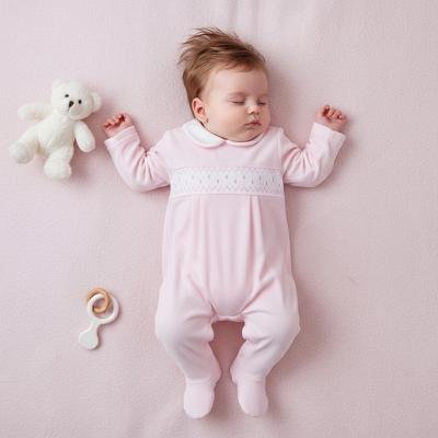LD004P  Pink Velour Polka Dot Smocked All in One   (0-9m)