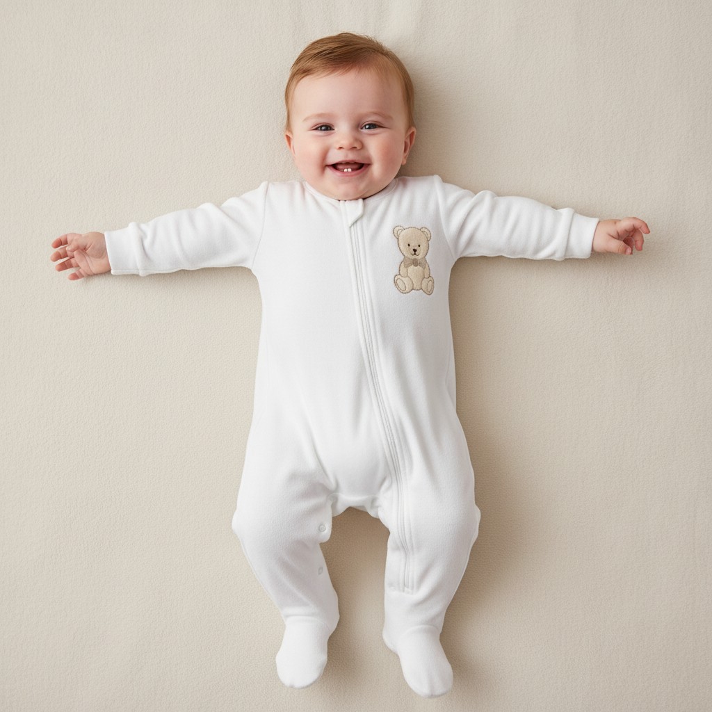 Little Dreams LD021WHITE * LD1021W Teddy bear zip Velour  All In One  (0-9m)