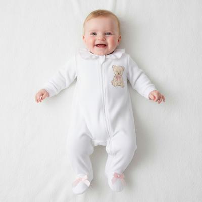 LD1022WP  Teddy bear zip Velour  All In One   (0-9m)