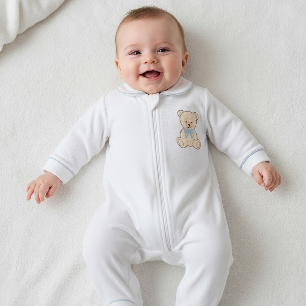 Little Dreams LD022WHITEBLUE * LD1022WS Teddy bear zip Velour  All In One  (0-9m)