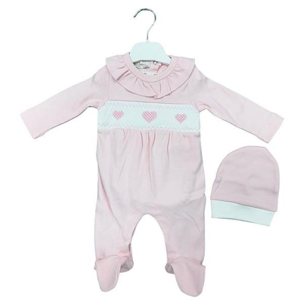 Little Dreams  * LD15056P Pink "Heart" Smocked All In One with Hat (0-9m)