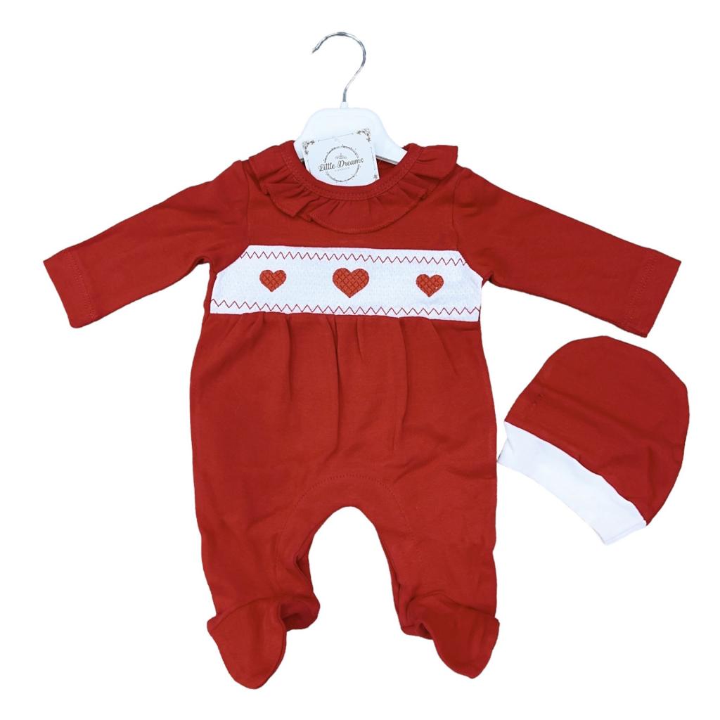 Little Dreams  * LD15056Ro Red "Heart" Smocked All In One with Hat (3-9m)