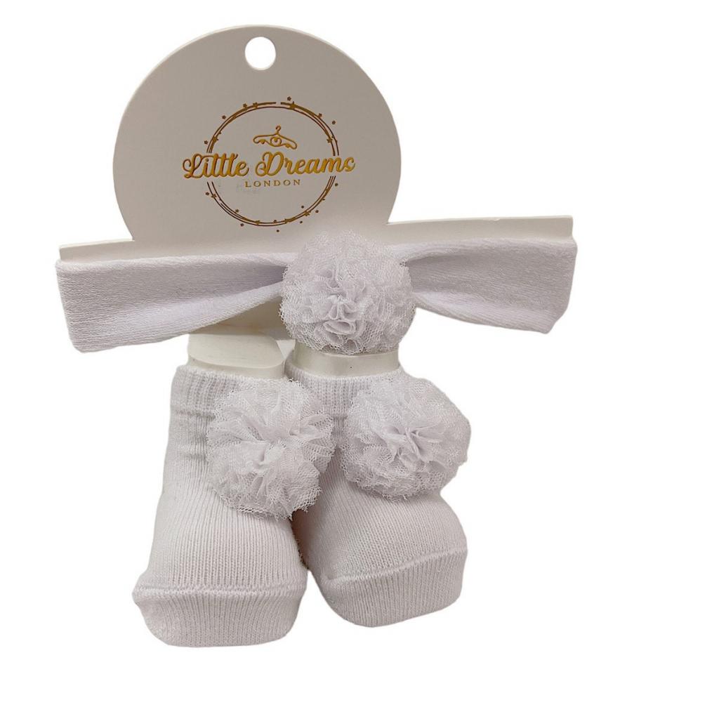 Little Dreams 3570WHITE  LD3570W White Pom Pom Bootie and Headband (0-6m)