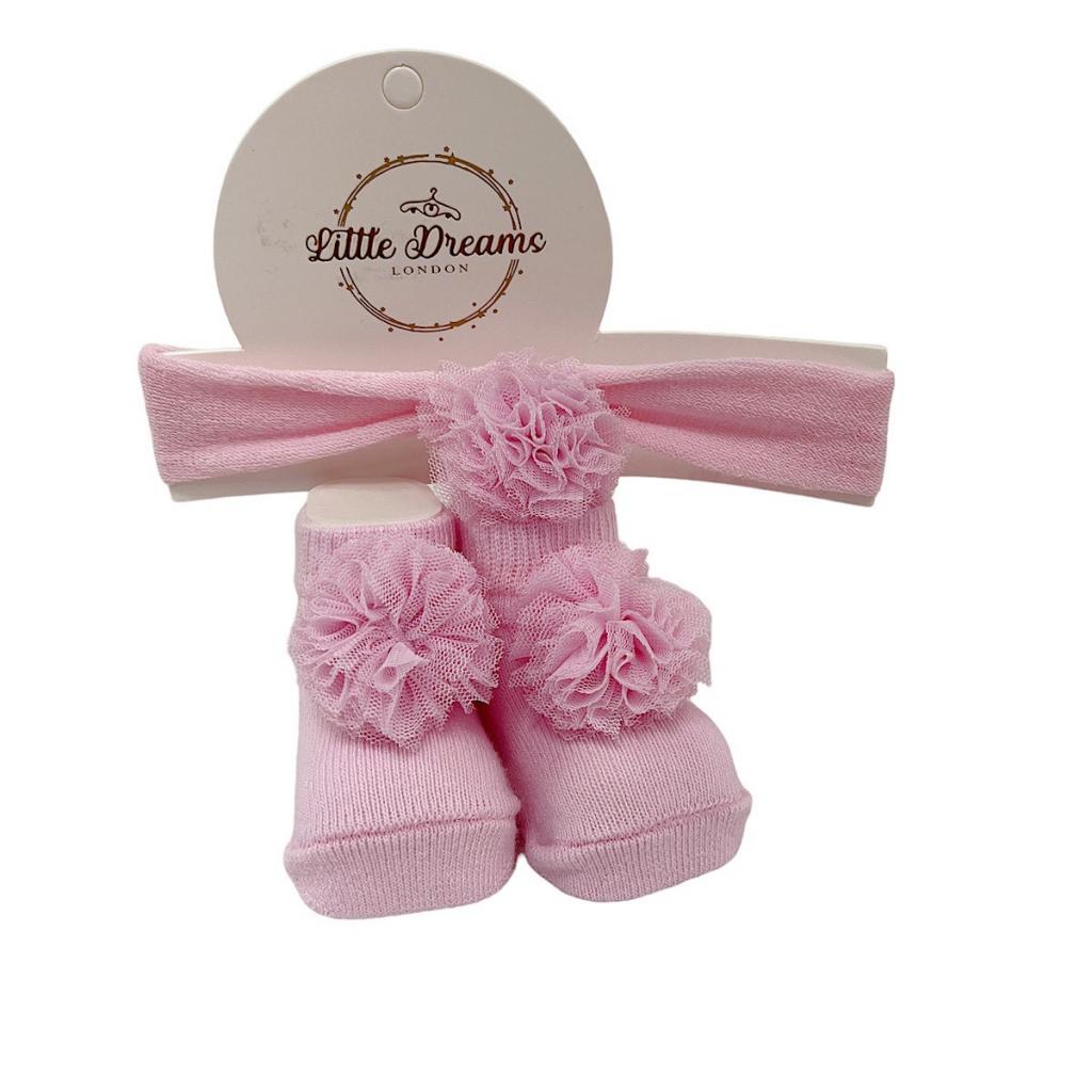 Little Dreams 3570PINK  LD3570P Pink Pom Pom Bootie and Headband (0-6m)